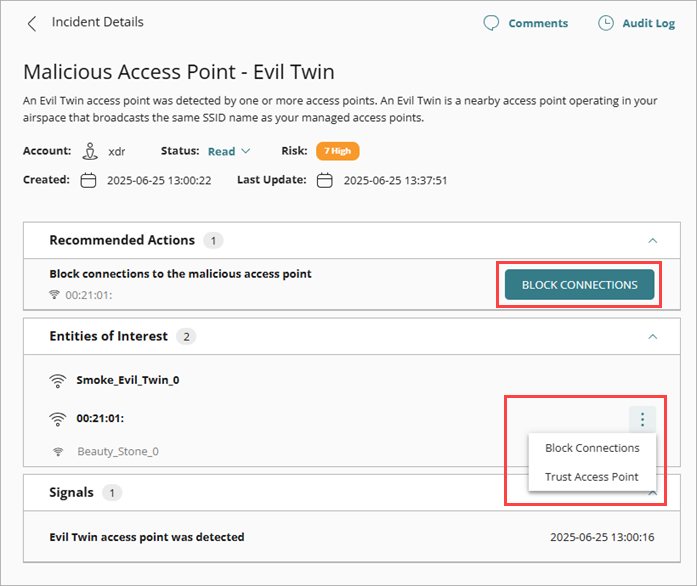 Screenshot of the actions you can perform from the Incident Details page: isolate device, kill process, delete file