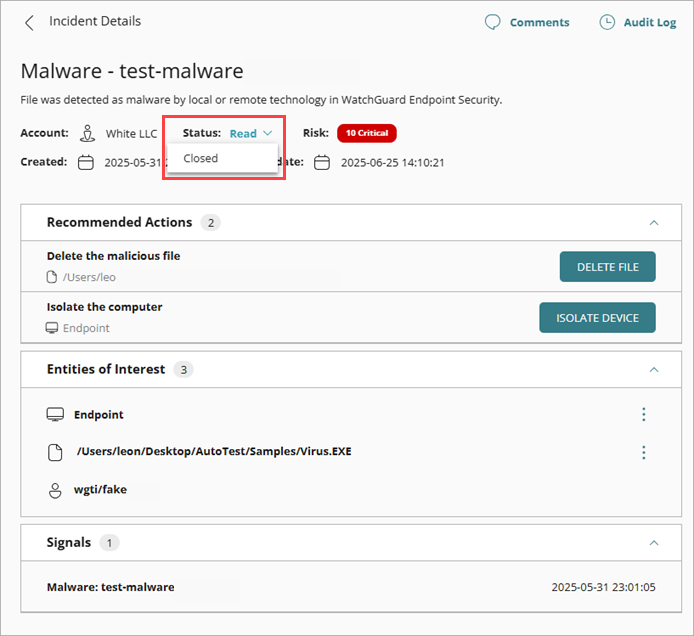 Screen shot of the Archive button in the Incident Details page