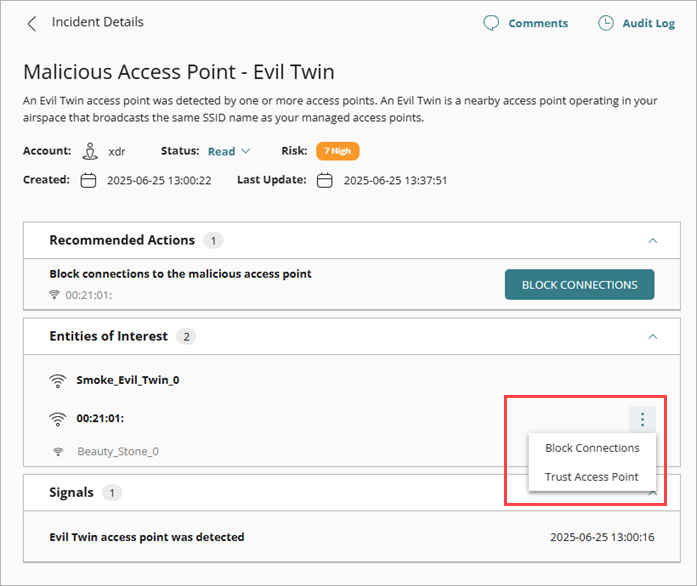 Screenshot of the Incident Details page for an incident with the Trust Access Point dialog box