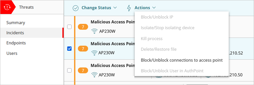 Screenshot of the Actions drop-down list in the Incidents page