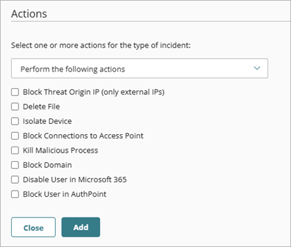 Screenshot of the Actions dialog box on the Add Policy page