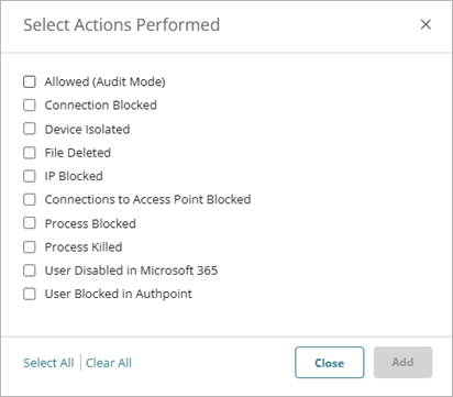 Screenshot of the Select Actions Performed dialog box on the Add Policy page