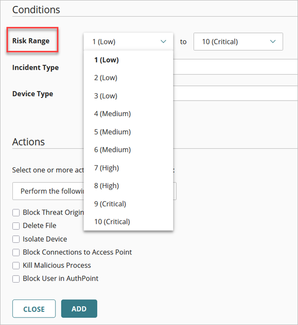 Screen shot of the Risk Range drop-down list on the Add Policy page in ThreatSync