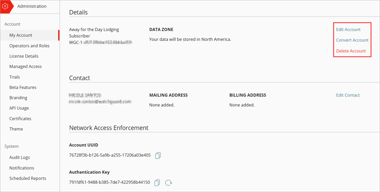 Screen shot of Account Details in WatchGuard Cloud.