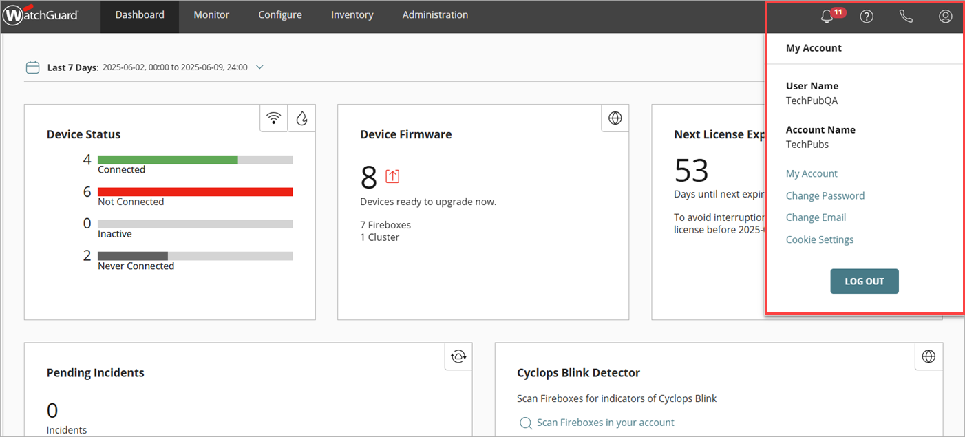 Screenshot of the account menu