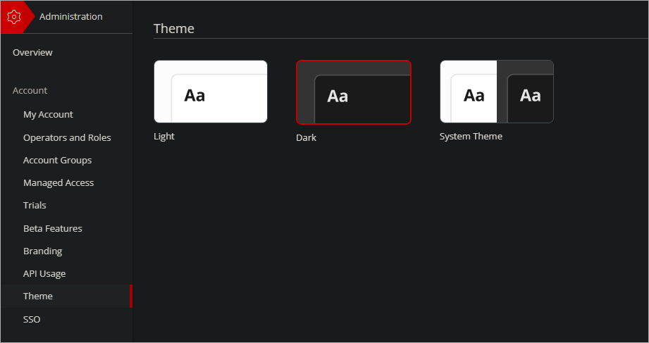 Screen shot of Administration > Theme page dark setting in WatchGuard Cloud