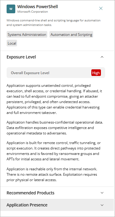 Screenshot of the Application details panel on the Application Risk dashboard