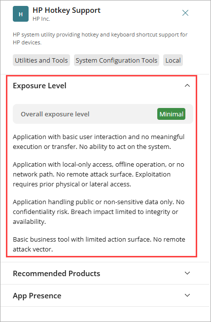 Screen shot of application details panel with exposure level