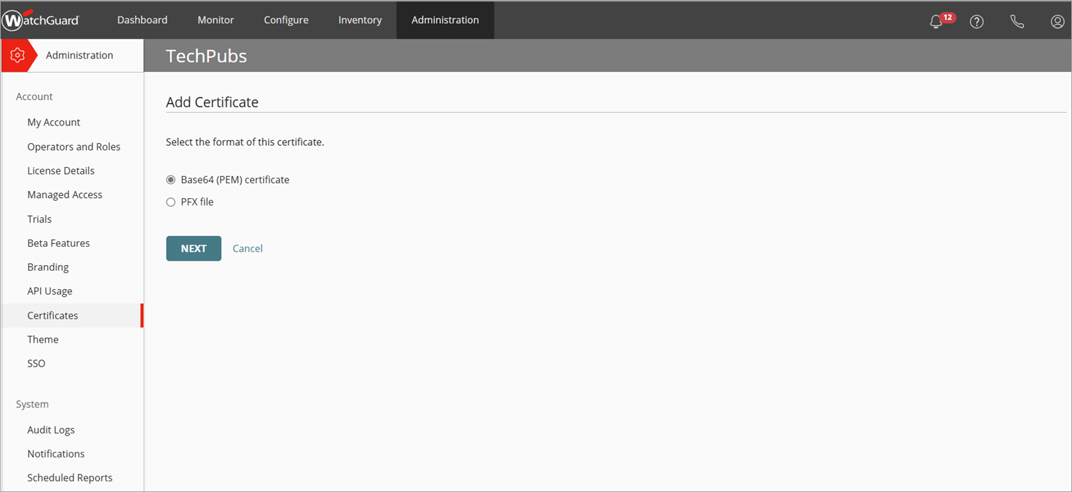 Screen shot of the Add Certificate page