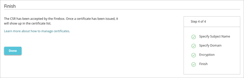 Screenshot of the Finish page in the CSR Let's Encrypt workflow