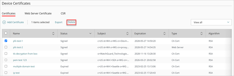 Screen shot of the Delete option on the Device Certificates page