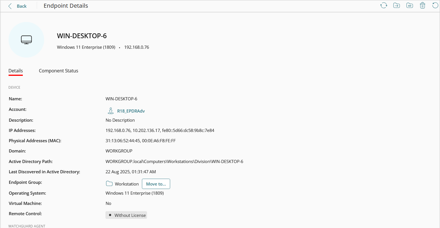 Screen shot of Endpoint Details page in WatchGuard Cloud