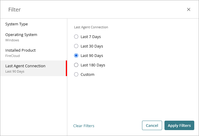 Screen shot of Filter dialog box, Last Agent Connection