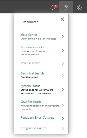 Screen shot of Help Resources menu in WatchGuard Cloud.