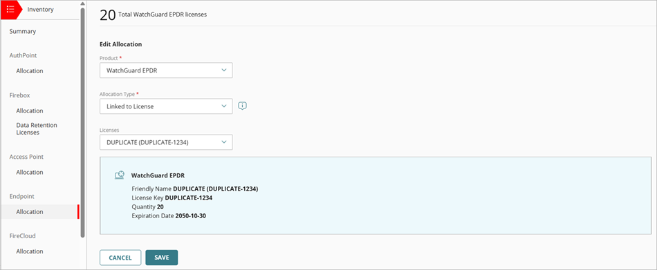 Screenshot of the Endpoint Allocation page in WatchGuard Cloud
