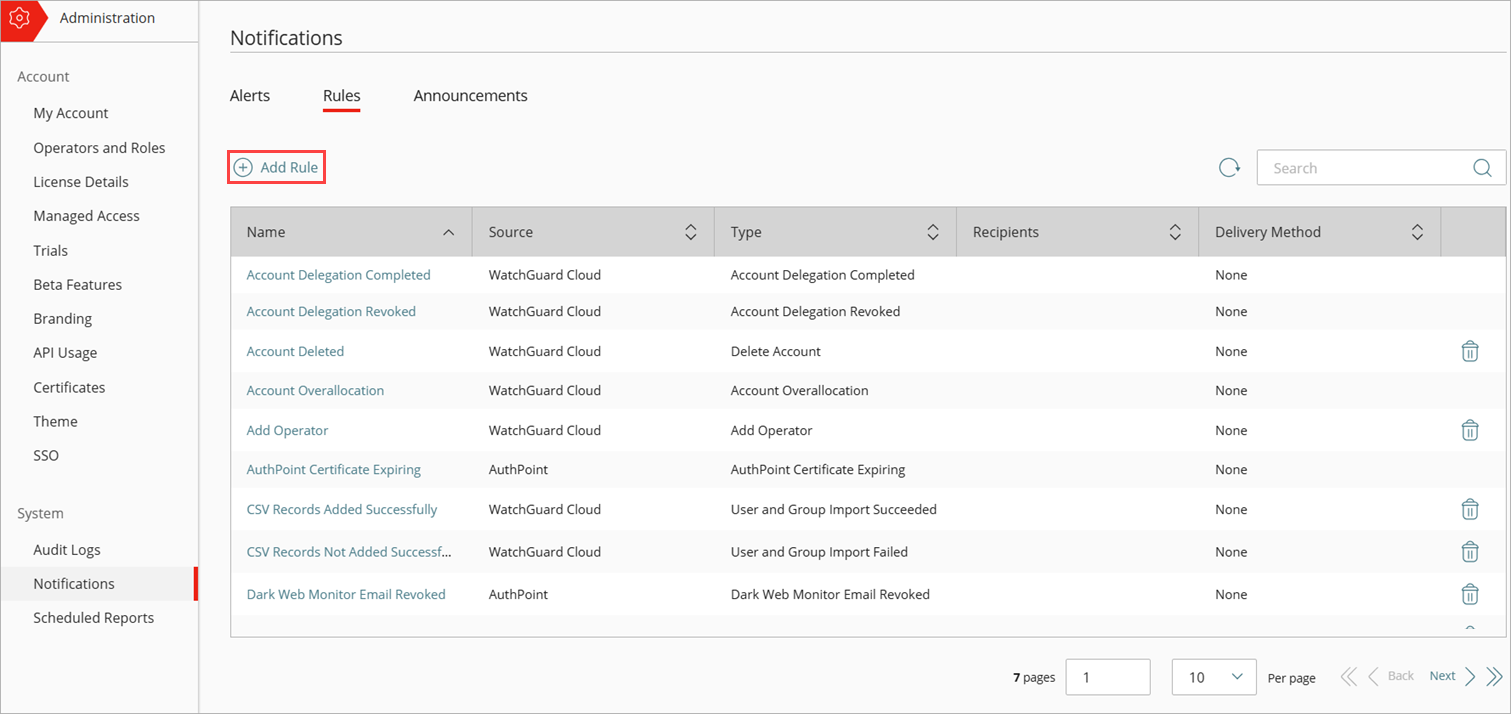 Screen shot of WatchGuard Cloud Notifications page, Add Rule