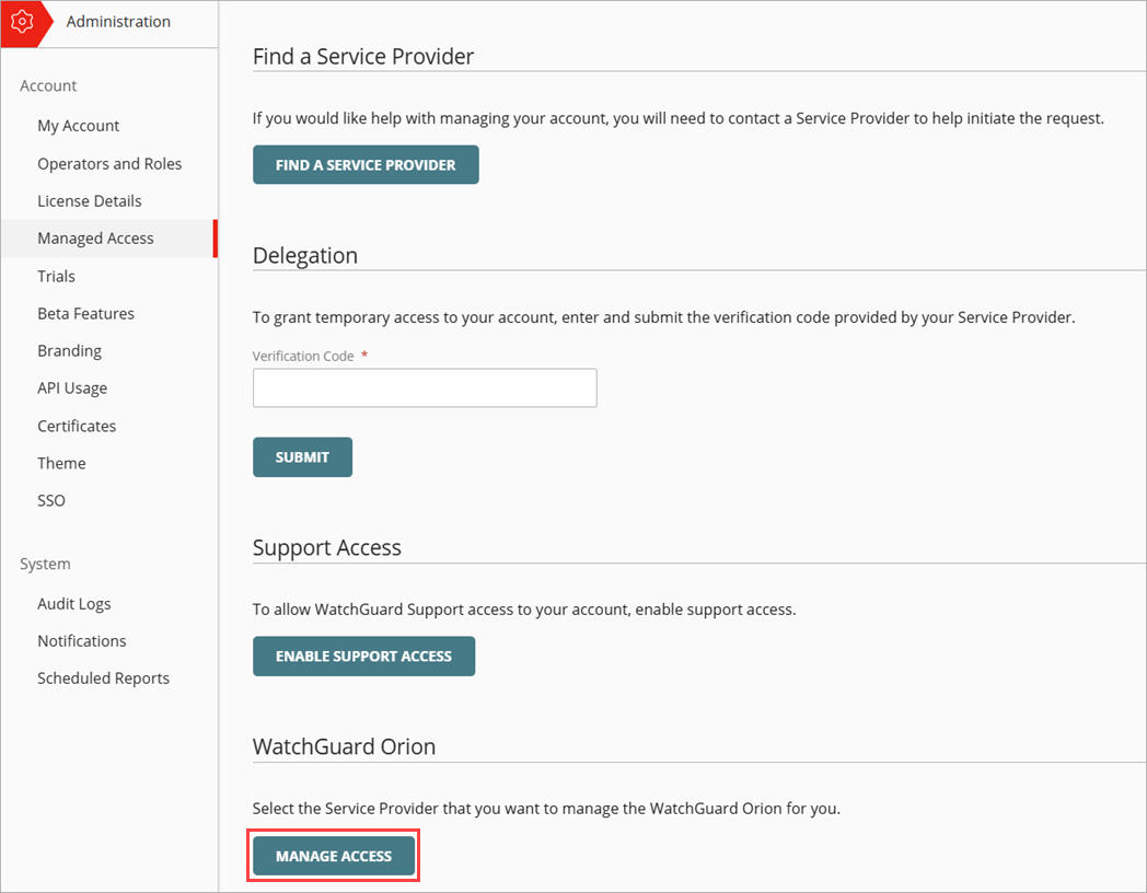 Screen shot of Managed Access page in WatchGuard Cloud