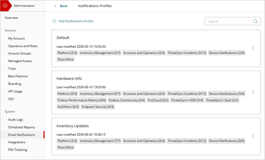 Screen shot of the Notifications Profiles page