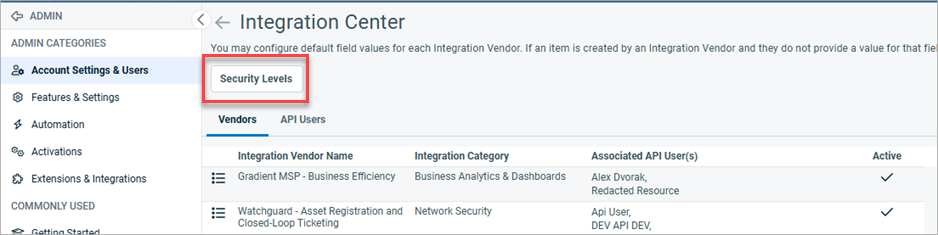 Screen shot of the Integration Center page