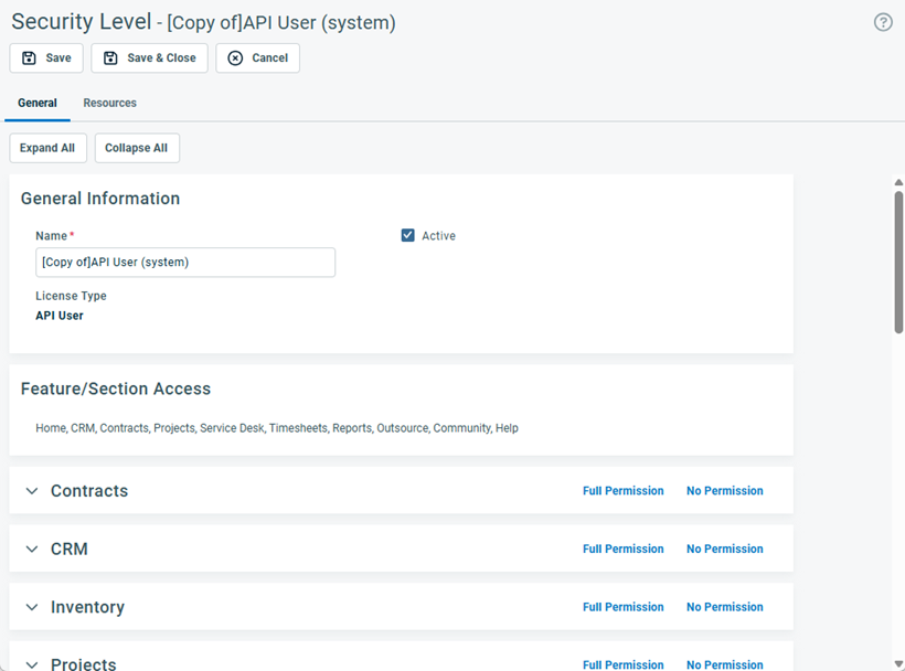 Screen shot of the Autotask Security Level Permissions dialog box