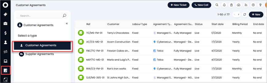 Screenshot of the HaloPSA Customer Agreements page