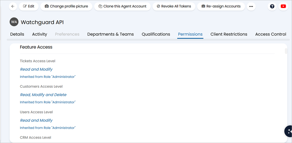 Screenshot of the HaloPSA Agent Permissions tab