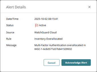 Screen shot of a WatchGuard Cloud notification alert about account overallocation