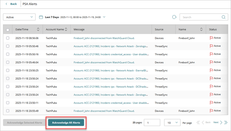 Screen shot of the PSA Alerts page, Acknowledge All Alerts