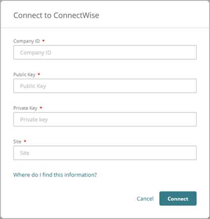 Screen shot of Connect to ConnectWise dialog box
