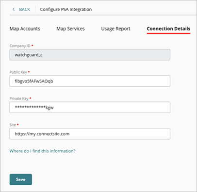 Screenshot of the PSA connection details for ConnectWise