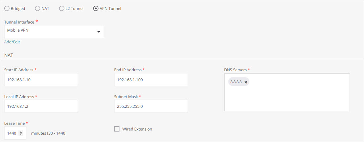 Screen shot of the VPN tunnel interface NAT settings for an SSID