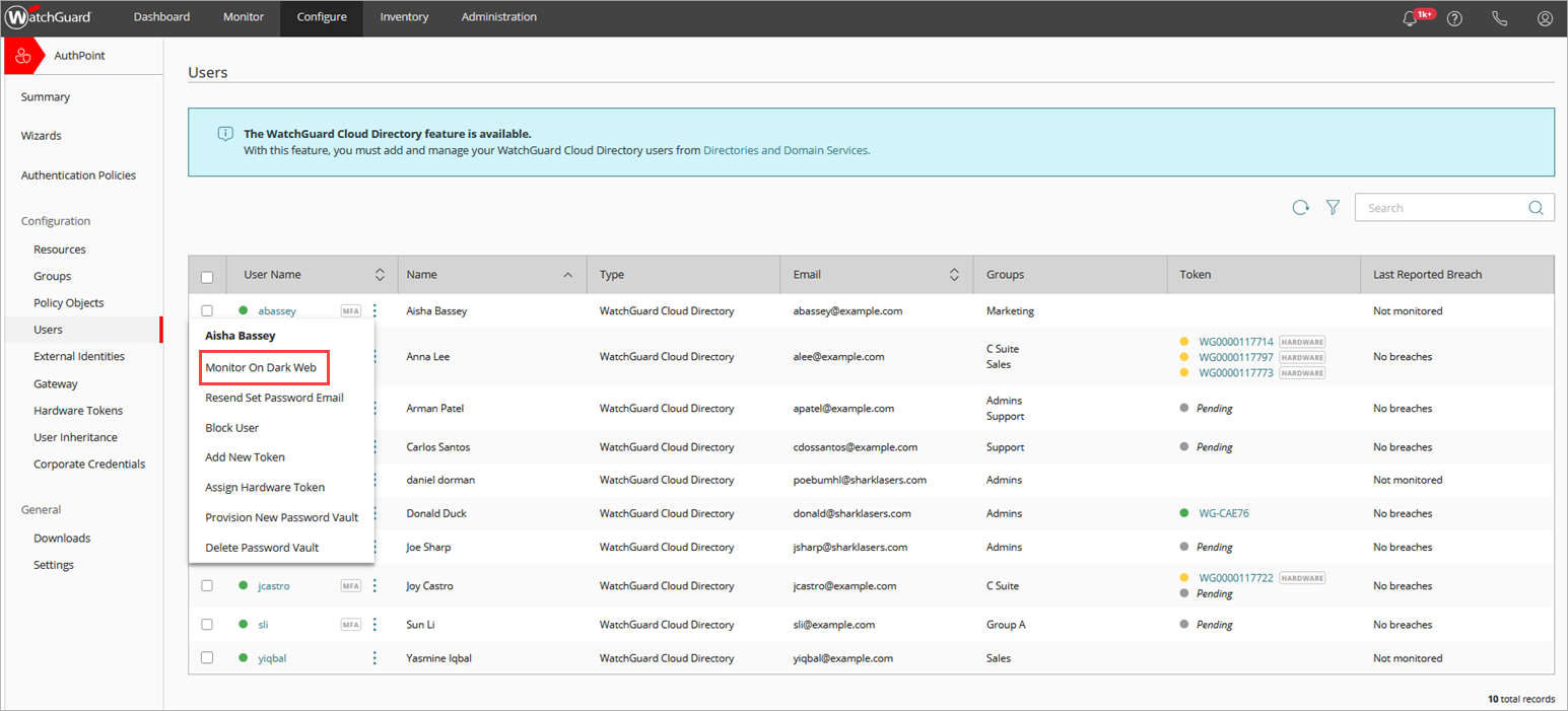 Screen shot of the Dark Web Monitor page.