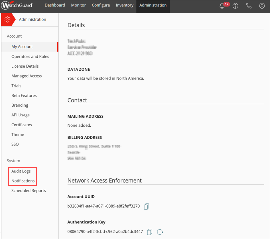 Screen shot that shows the Administration menu in WatchGuard Cloud.
