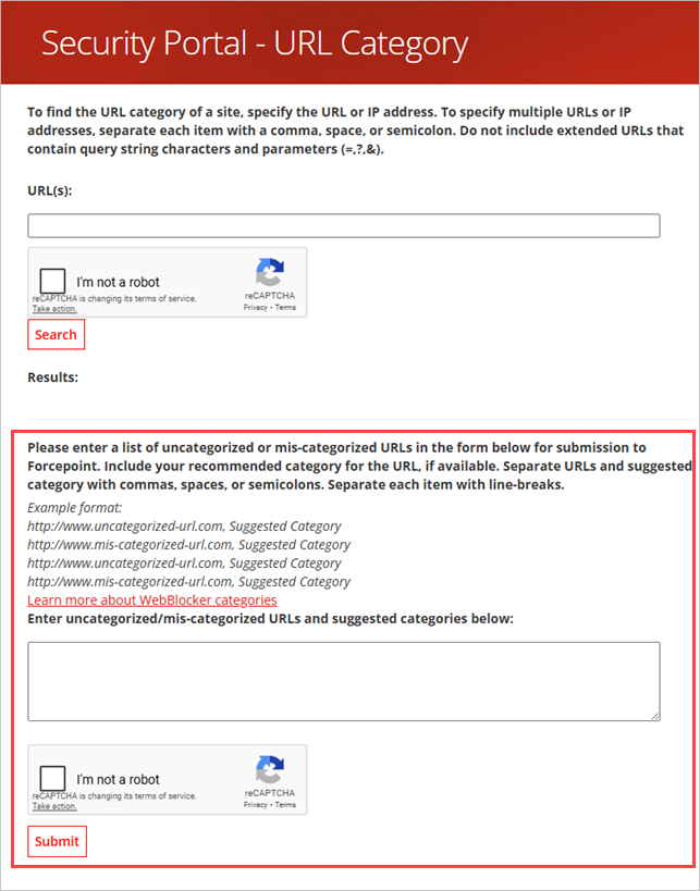 Screen shot of Security Portal, URL Category look up