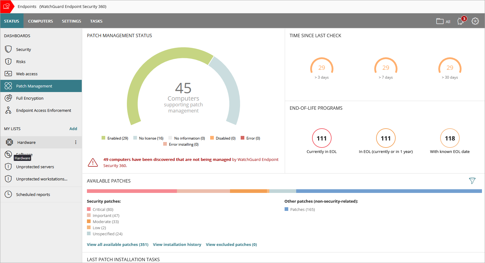 Screen shot of Patch Management Dashboard