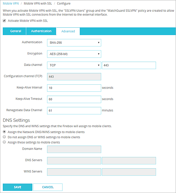 Screen shot of the Mobile VPN with SSL Advanced tab