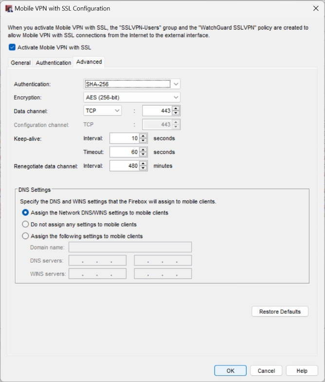 Screen shot of the Mobile VPN with SSL Configuration, Advanced tab