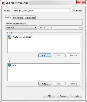 Screen shot of the Allow SSLVPN-Users policy properties