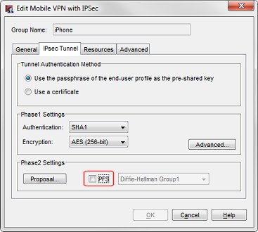 Screen shot of the IPSec Tunnel tab with PFS check box cleared