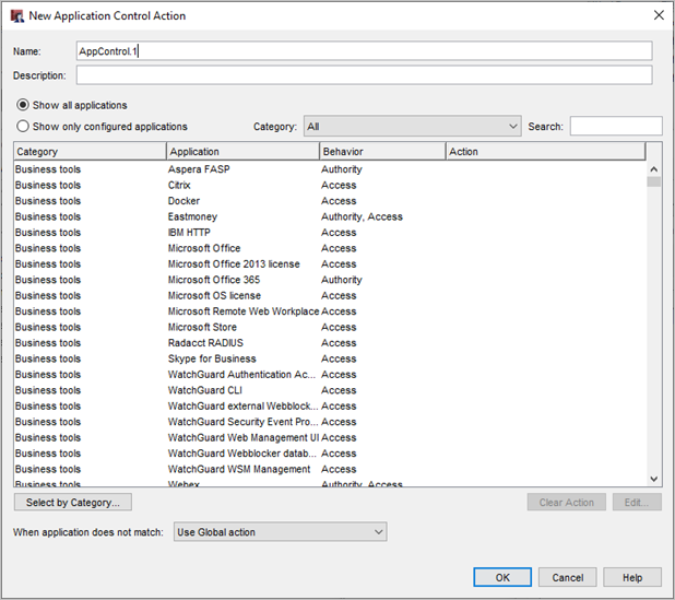 Screen shot of the New Application Control Action dialog box
