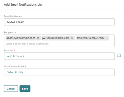 Screen shot of the Add Email Notifications List page