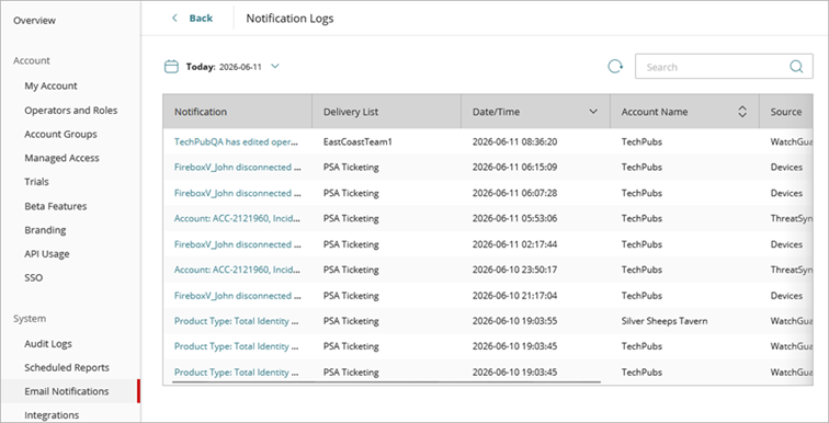 Screenshot of the Notification Logs page