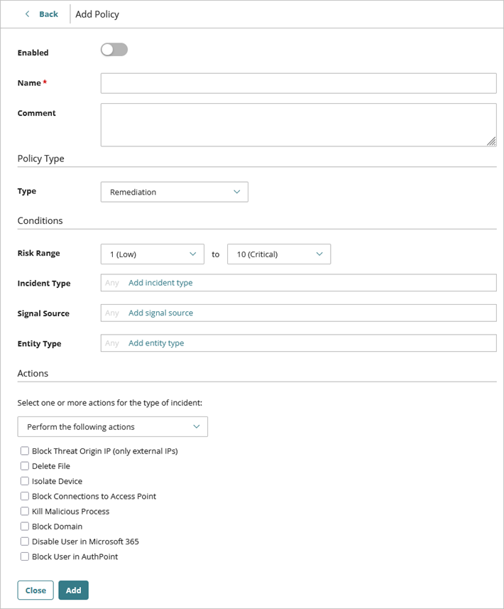 Screen shot of the Add Policy page in ThreatSync