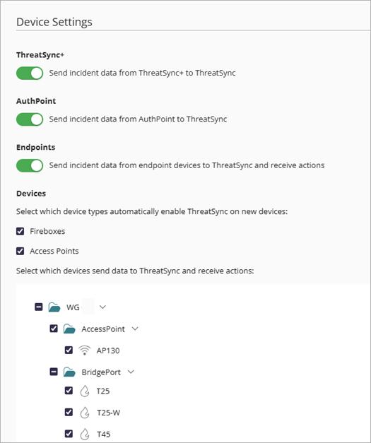 Screenshot of ThreatSync Device Settings page
