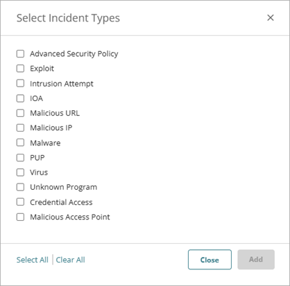 Screenshot of the Incident Types in the Add Automation Policy Wizard