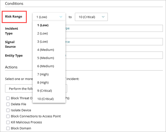 Screen shot of the Risk Range drop-down list on the Add Policy page in ThreatSync