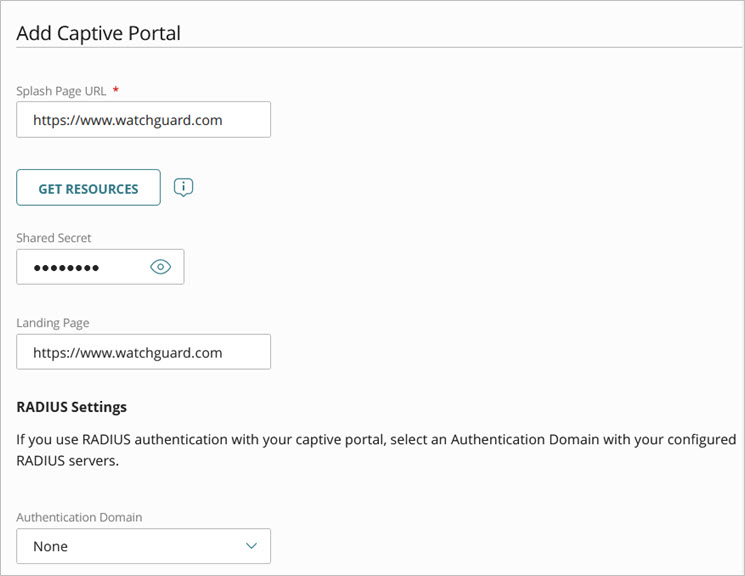 Screenshot of the Captive Portal settings page for a third-party hosted portal