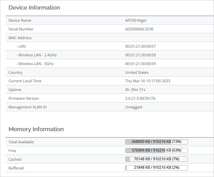 Screenshot of the Access Point Web UI - Device Status page
