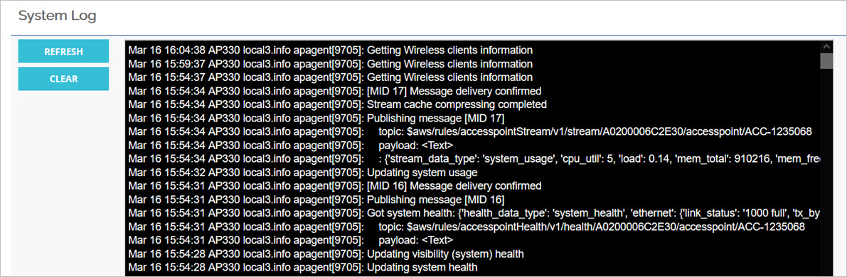 Screenshot of the Access Point Web UI - System Log page