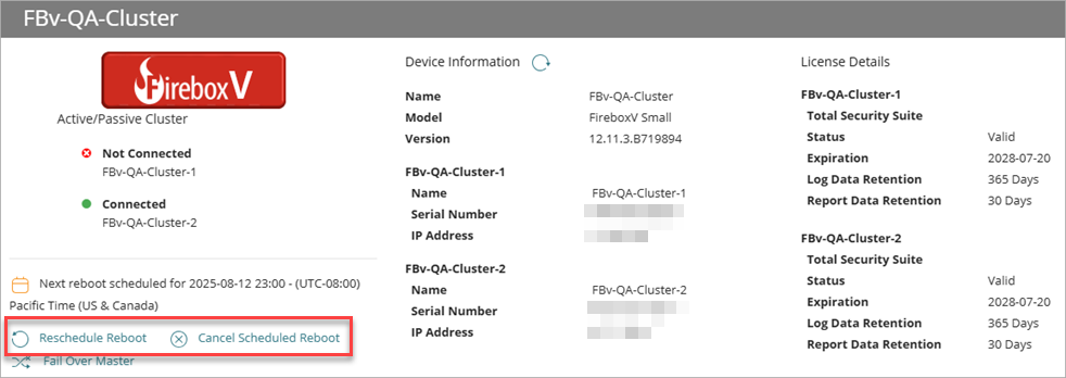Screenshot of the Device Settings page with a one-time reboot scheduled. Shows Reschedule Reboot and Cancel Scheduled Reboot options.